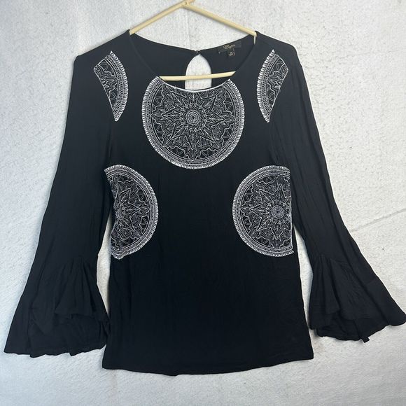 Cupio Blouse Women Medium Black Mandala Pattern Keyhole Back Flared Long Sleeve - Picture 1 of 10